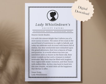 Lady Whistledown Wedding Card | Printable Bridgerton Marriage Card, Society Papers, Digital bridal party Card, Instant Download Engagement