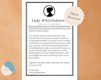 Lady Whistledown Maid of Honor Proposal DIY Maid of Honor Proposal Card, Printable Proposal Card, Affordable Bridesmaid Proposal Card