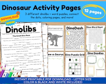 Zestaw do druku Dinosaur Party, strony z aktywnościami Dinosaur, książka z aktywnościami, Dinosaur madlibs, gry Dinosaur, natychmiastowe pobieranie Dino, urodziny