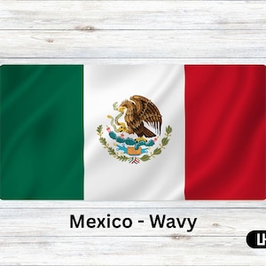 Puede incluir: Adhesivo rectangular con la bandera mexicana con un diseño ondulado. La bandera tiene franjas verticales verdes, blancas y rojas, con el escudo de armas mexicano en el centro. El texto "Mexico - Wavy" está en la parte inferior.