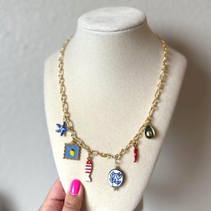 Gold Plated Charm Necklace, Coastal Charm, Blue Charm Necklace, Charm Necklace, Fruit Charm Necklace, Summer Charms