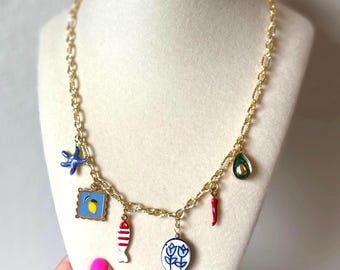 Coastal Charm Necklace, Gold Chunky Chain Necklace, Colorful Charm Necklace, Beachy Jewelry, Summer Statement Necklace, Ocean Necklace