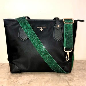 Green Rhinestone Purse Strap Adjustable Crossbody Sparkle Bag Beaded Shoulder Handbag Stadium Concert Accessory Festival Interchangeable Handle Swivel Clasp Hardware Hunter Green Game Day Ready Bag Strap Team Colors Eagles Football Mom Gift Idea May Birthstone Emerald Theme