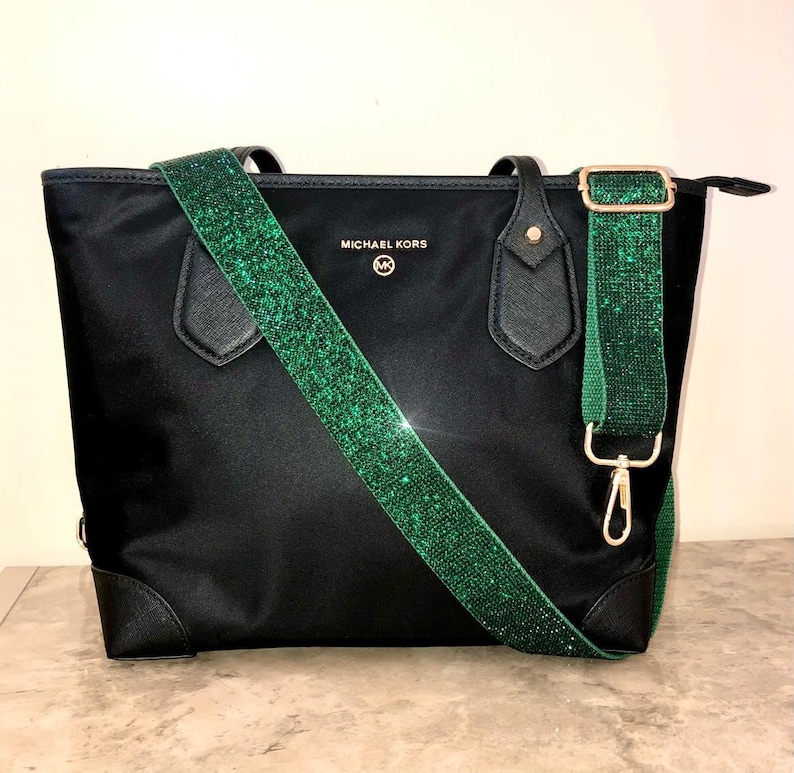 Green Rhinestone Purse Strap Adjustable Crossbody Sparkle Bag Beaded Shoulder Handbag Stadium Concert Accessory Festival Interchangeable Handle Swivel Clasp Hardware Hunter Green Game Day Ready Bag Strap Team Colors Eagles Football Mom Gift Idea May Birthstone Emerald Theme