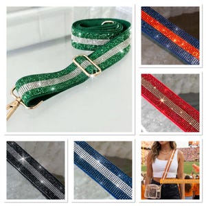 May include: A collection of adjustable bag straps covered in sparkling rhinestones. The straps feature various color combinations including green with white, blue with orange, red with gold, black with silver, and blue with white stripes.