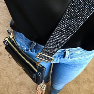 Black Rhinestone Purse Strap Adjustable Crossbody Sparkle Bag Beaded Shoulder Handbag Stadium Concert Accessory Festival Interchangeable Handle Swivel Clasp Hardware Game Day Ready Clear Bag Strap Team Colors Football Mom Pageant Mom Gift Pageant Girl Crown Case Strap