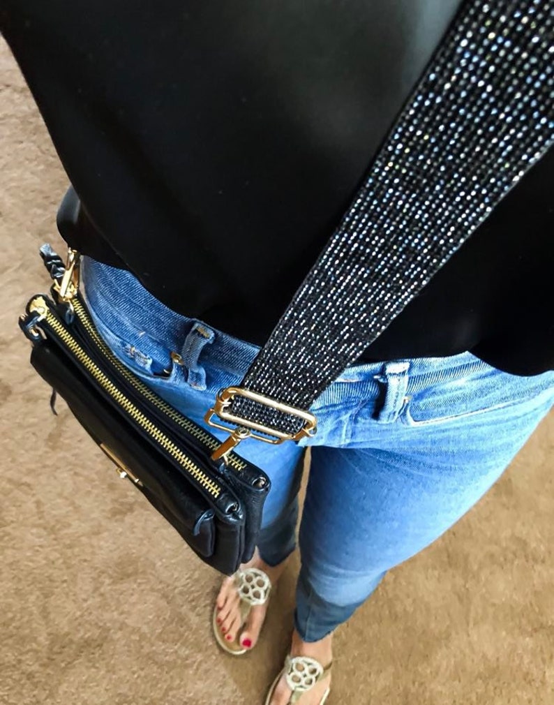 Black Rhinestone Purse Strap Adjustable Crossbody Sparkle Bag Beaded Shoulder Handbag Stadium Concert Accessory Festival Interchangeable Handle Swivel Clasp Hardware Game Day Ready Clear Bag Strap Team Colors Football Mom Pageant Mom Gift Pageant Girl Crown Case Strap