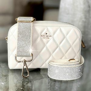 Ivory Rhinestone Purse Strap Adjustable Crossbody Sparkle Bag Beaded Shoulder Handbag Stadium Concert Accessory Wedding Bridal Festival Interchangeable Handle Swivel Clasp Hardware Game Day Ready Clear Bag Strap Football Mom Pageant Mom Gift Pageant Girl Crown Case Strap Bride Gift Idea