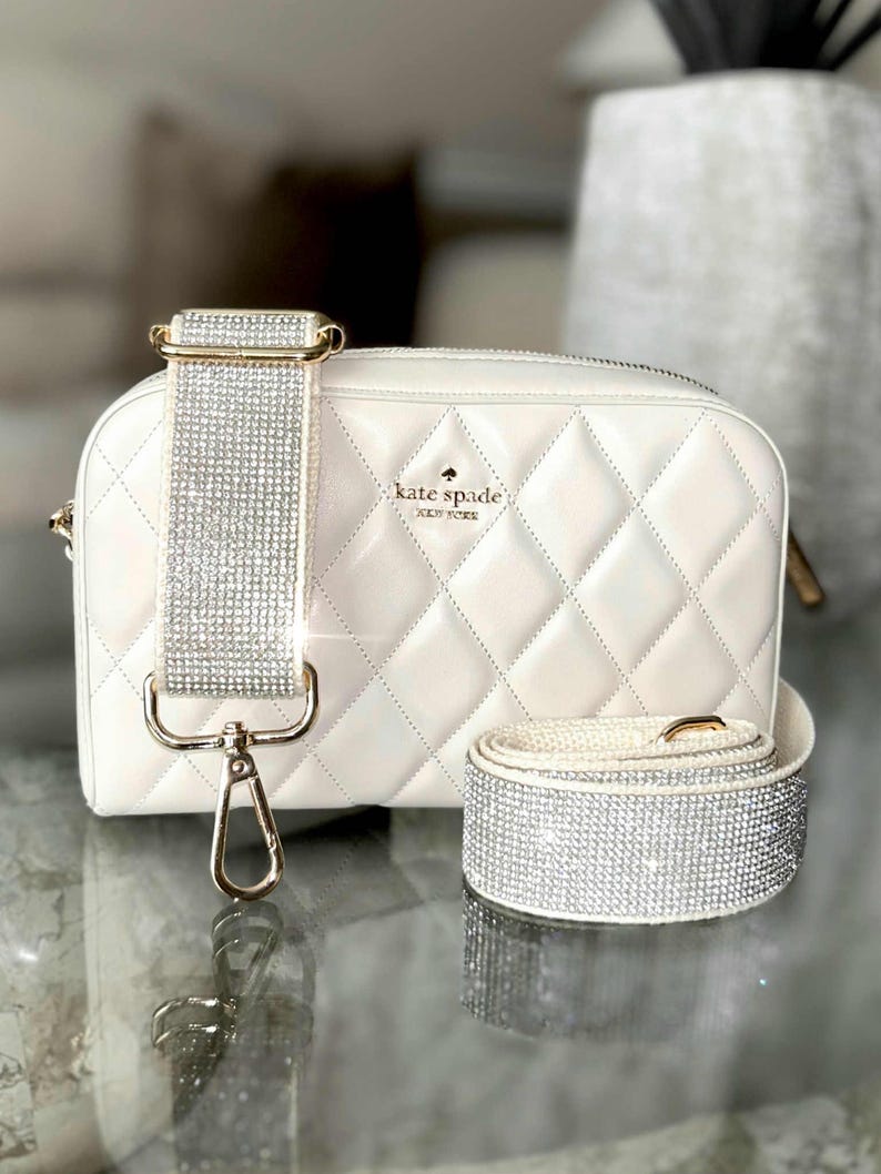 Ivory Rhinestone Purse Strap Adjustable Crossbody Sparkle Bag Beaded Shoulder Handbag Stadium Concert Accessory Wedding Bridal Festival Interchangeable Handle Swivel Clasp Hardware Game Day Ready Clear Bag Strap Football Mom Pageant Mom Gift Pageant Girl Crown Case Strap Bride Gift Idea