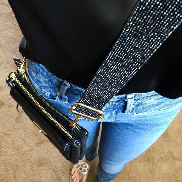 Black Sparkle Crossbody Strap, Adjustable Rhinestone Replacement Strap for Purse, Bag or Tote; Silver or Gold Hardware