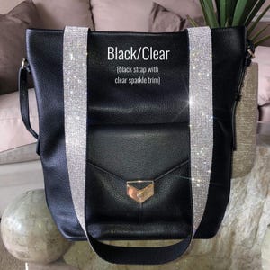 Black Rhinestone Purse Strap Adjustable Crossbody Sparkle Bag Beaded Shoulder Handbag Stadium Concert Accessory Festival Interchangeable Handle Swivel Clasp Hardware Game Day Ready Clear Bag Strap Team Colors Football Mom Pageant Mom Gift Pageant Girl Crown Case Strap
