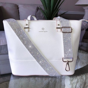 White Rhinestone Purse Strap Adjustable Crossbody Sparkle Bag Beaded Shoulder Handbag Stadium Concert Accessory Festival Interchangeable Handle Swivel Clasp Hardware Game Day Ready Clear Bag Strap Team Colors Football Mom Pageant Mom Gift Pageant Girl Crown Case Strap Wedding Gift Idea