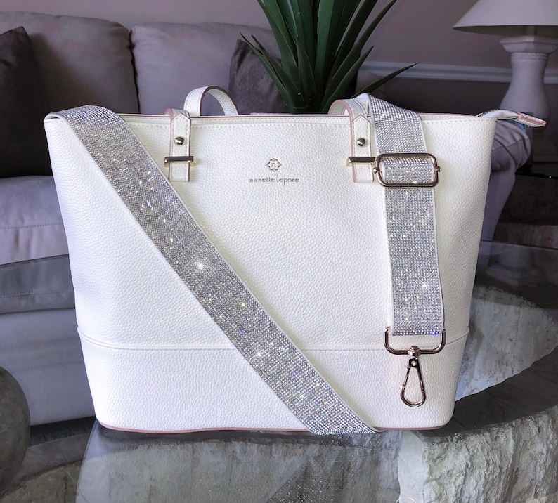 White Rhinestone Purse Strap Adjustable Crossbody Sparkle Bag Beaded Shoulder Handbag Stadium Concert Accessory Festival Interchangeable Handle Swivel Clasp Hardware Game Day Ready Clear Bag Strap Team Colors Football Mom Pageant Mom Gift Pageant Girl Crown Case Strap Wedding Gift Idea