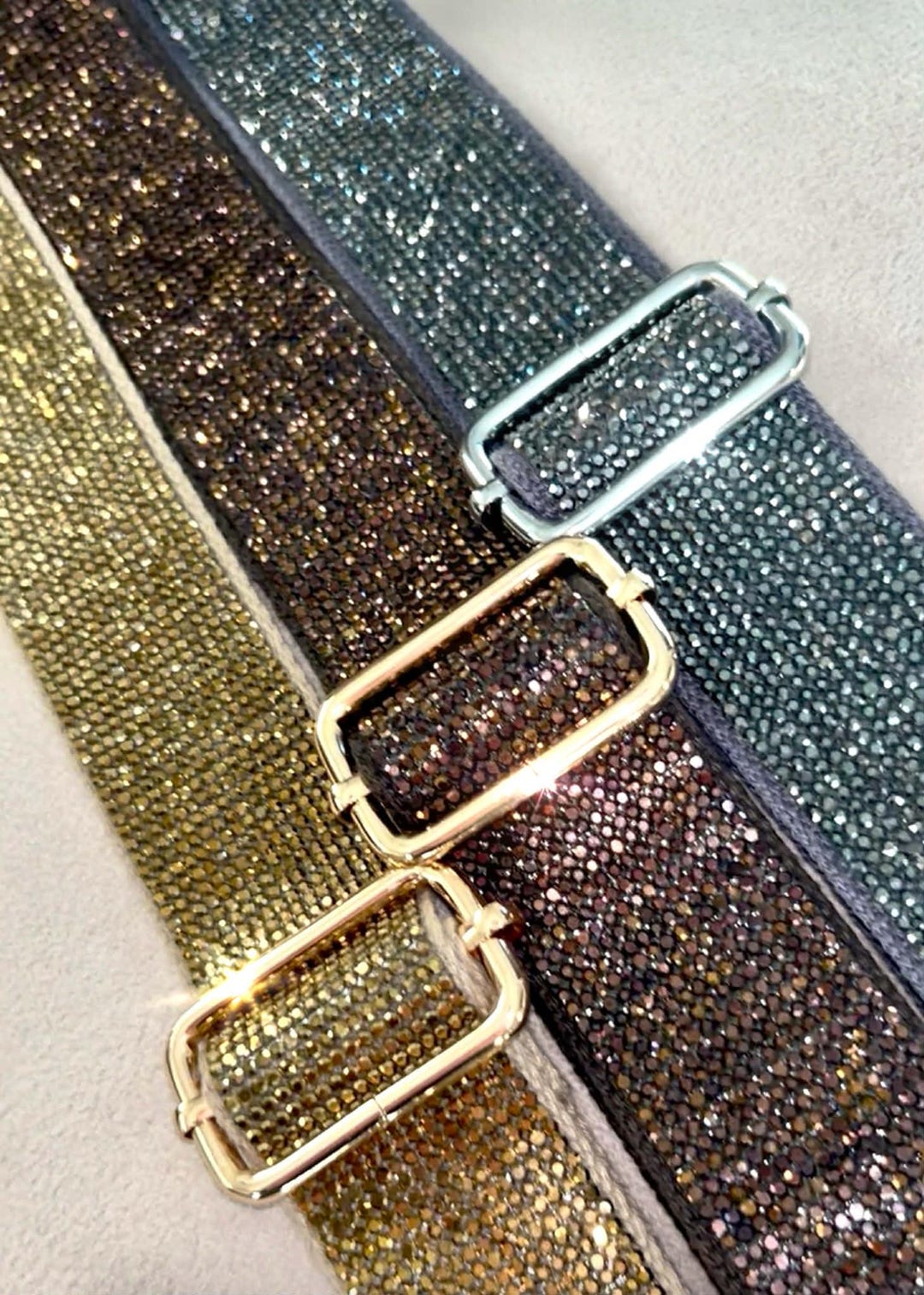 Metallic Strap Set Rhinestone Crossbody Purse Straps, Metallic Hematite Sparkle Adjustable ...