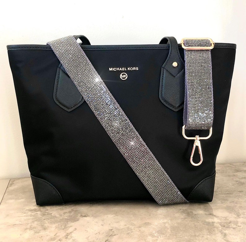 Gunmetal Gray Rhinestone Purse Strap Adjustable Crossbody Sparkle Bag Beaded Shoulder Handbag Stadium Concert Accessory Festival Interchangeable Handle Swivel Clasp Hardware Game Day Ready Clear Bag Strap Team Colors Football Mom Pageant Mom Gift Pageant Girl Crown Case Strap
