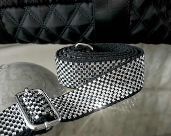 Black Checkerboard Sparkle Crossbody Strap; Adjustable Rhinestone Beaded Stadium Purse Strap; Racing Checkered Flag