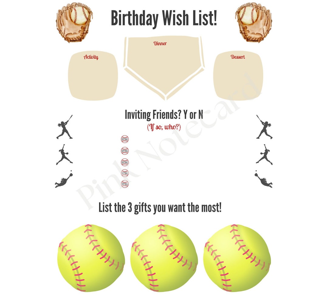 Softball BIRTHDAY Theme, Wish List, Birthday Digital Print, Digital ...