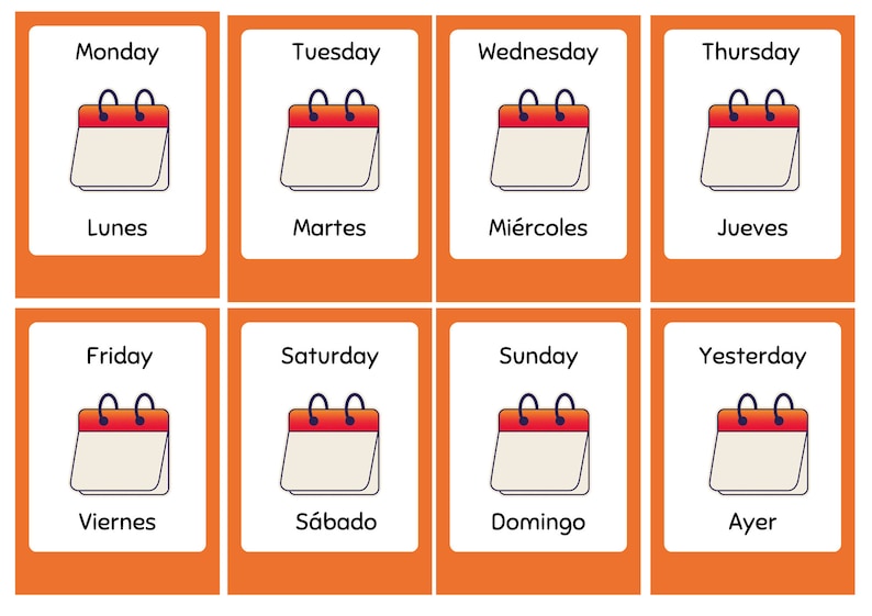 Bilingual Printable Flashcards: English and Spanish | Days of the Week ...