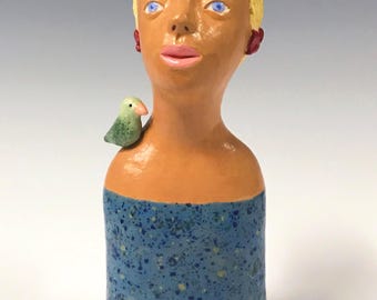Tabletop Ceramic Sculpture - Girl with Little Bird