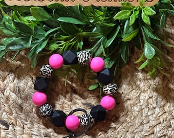 Silicone Wristlet, Silicone Bead Wristlet, Keychain Wristlet, Silicone Beads, Leopard Print, Gift for Her, Womens Accessory