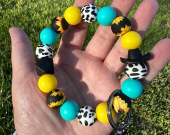 Silicone Bead Keychain Wristlet, Keychain Wristlet, Silicone Beads, Cow Print, Sunflowers, Gift for Her, Women’s Accessory