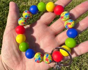 Autism Awareness Wristlet, Silicone Bead Keychain Wristlet, Keychain Wristlet, Silicone Beads, Autism Awareness, Autism Puzzle