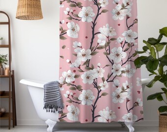 Custom Pink Cherry Blossom Fabric Shower Curtain, Pink Shower Curtain, Cherry Blossom Bathroom Decor, Spring Floral Shower Curtain