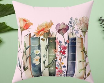 Pink Book Pillow, Floral Stacked Books Decorative Pillow