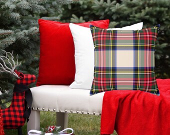 Tartan Plaid Square Throw Pillow, Traditional Christmas Decor, Preppy Home Decor for Holiday