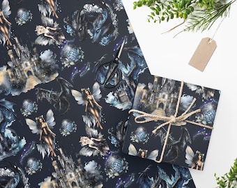 Dark Fairies and Dragons Wrapping Paper, Gothic Mystical Gift Wrap