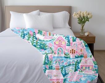Pink Gingerbread House Velveteen Throw Blanket, Pastel Christmas Decor