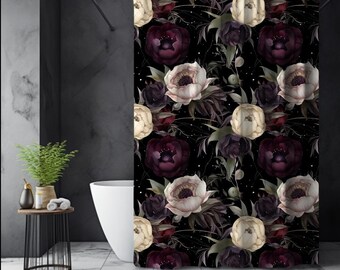 Dark Moody Floral Shower Curtain, Black Floral Bathroom Acessory, Romantic Gothic Decor, Fall Winter Cottagecore Style, Victorian Aesthetic