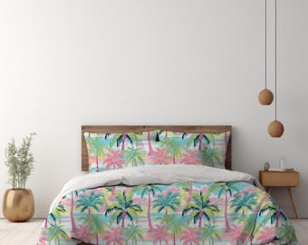 Preppy Pastel Palm Tree Duvet Cover, Southern Coastal, Teen Room Decor, Florida Bedding Set, Palm Beach Style, Dorm Bedding, Siesta Key Palm