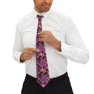 Spooky Halloween Necktie, Fun Preppy Haunted House Skull Print, Black Purple Orange, Retro Charm Cool Vibe, Stylish Profesh Accessory,