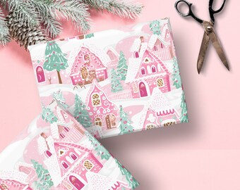 Pink Gingerbread House Wrapping Paper, Sweet Treats Christmas Wrapping Paper, Candy Christmas Wrapping Paper, Pastel Gift Wrapping Paper