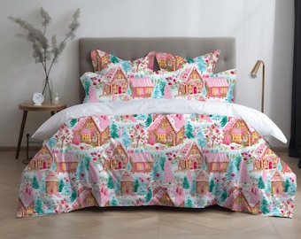 May include: A bedding set featuring a repeating pattern of pink gingerbread houses, green trees, and red berries on a white background. The set includes a duvet cover and pillowcases, creating a festive and whimsical aesthetic. The design is suitable for a bedroom.