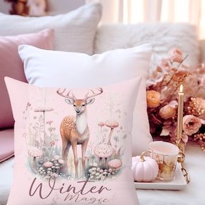 Pink Christmas Reindeer Throw Pillow, Pink Christmas Decor, Cottagecore Christmas Throw Pillow, Christmas Throw Pillow, Christmas Home Decor