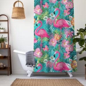 Adretter Flamingo Duschvorhang, Preppy Duschvorhang, Tropisches Dekor, Blumen Duschvorhang, Flamingo Duschvorhang, Sommer Duschvorhang