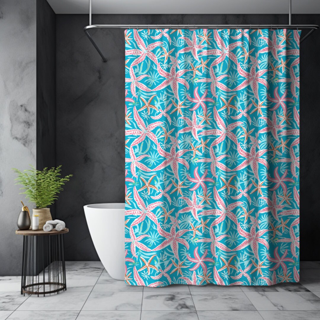 Preppy Coastal Starfish Fabric Shower Curtain Tropical Shower Curtain Ocean Decor Starfish Shower Curtain Turquoise Shower Curtain Etsy UK