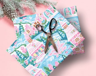 Preppy Christmas Wrapping Paper, Pink Gingerbread Houses