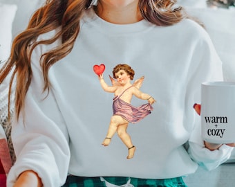Felpa vintage Cupido di San Valentino, girocollo con cherubino vittoriano