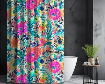 Preppy Bright Floral Fabric Shower Curtain, Turquoise Shower Curtain, Summer Shower Curtain, Pretty Shower Curtain, Spring Home Decor