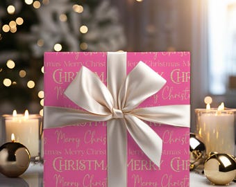 Bright Pink and Gold Merry Christmas Wrapping Papers, Pink Holiday Gift Wrap, Pink Gift Wrapping Paper for Christmas, Girly Christmas Paper