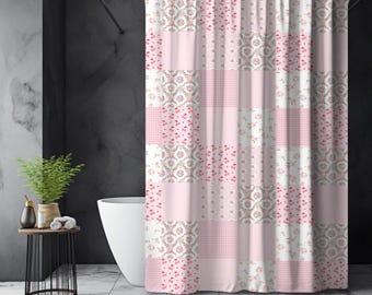 Pink Coquette Patchwork Shower Curtain, Soft Girl Aesthetic Decor, Pink Floral Shower Curtain, Preppy Home Decor, Girly Bathroom Decor