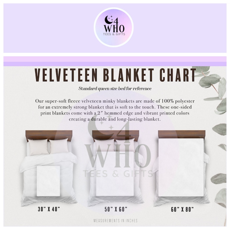 May include: A chart showing the different sizes of velveteen minky blankets. The chart shows three sizes: 30" x 40", 50" x 60", and 60" x 80". The blankets are made of 100% polyester and are super soft and plush. They come with a 2" hemmed edge and vibrant printed colors.