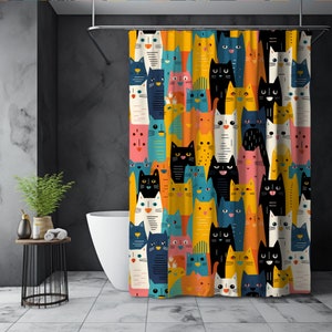 Helder en grillig kattendouchegordijn, funky kat douchegordijn, eclectisch douchegordijn, kattenliefhebber douchegordijn, eclectisch Home Decor