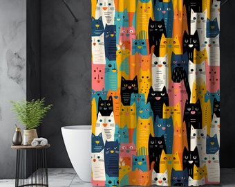 Bright and Whimsical Cat Shower Curtain, Funky Cat Shower Curtain, Eclectic Shower Curtain, Cat Lover Shower Curtain, Eclectic Home Decor