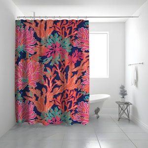 Preppy Colorful Coral Shower Curtain, Summer Vibes Shower Curtain, Island Vibes Shower Curtain, Orange Shower Curtain, Tropical Bath Decor