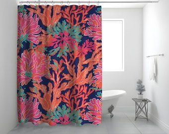 Preppy Colorful Coral Shower Curtain, Summer Vibes Shower Curtain, Island Vibes Shower Curtain, Orange Shower Curtain, Tropical Bath Decor