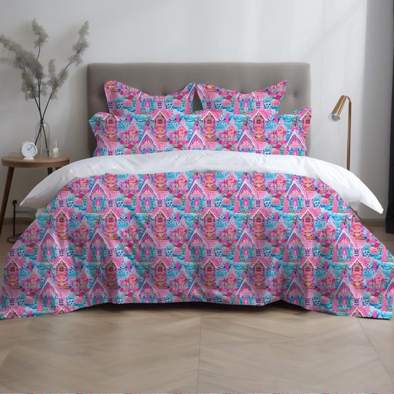 Pink Gingerbread House Duvet, Pink Christmas Aesthetic, Pink Duvet